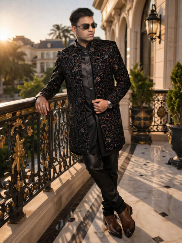 Black Floral Embroidered Designer Sherwani