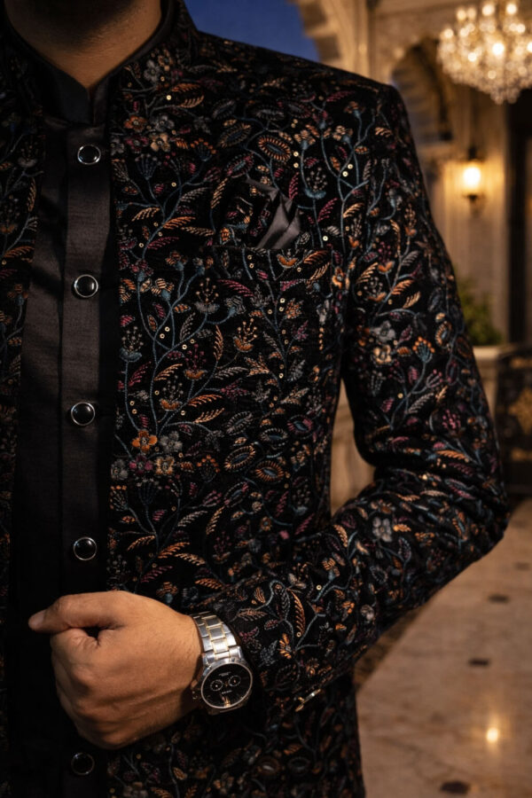 Black Floral Embroidered Designer Sherwani