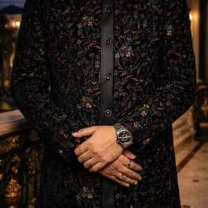 Black Floral Embroidered Designer Sherwani