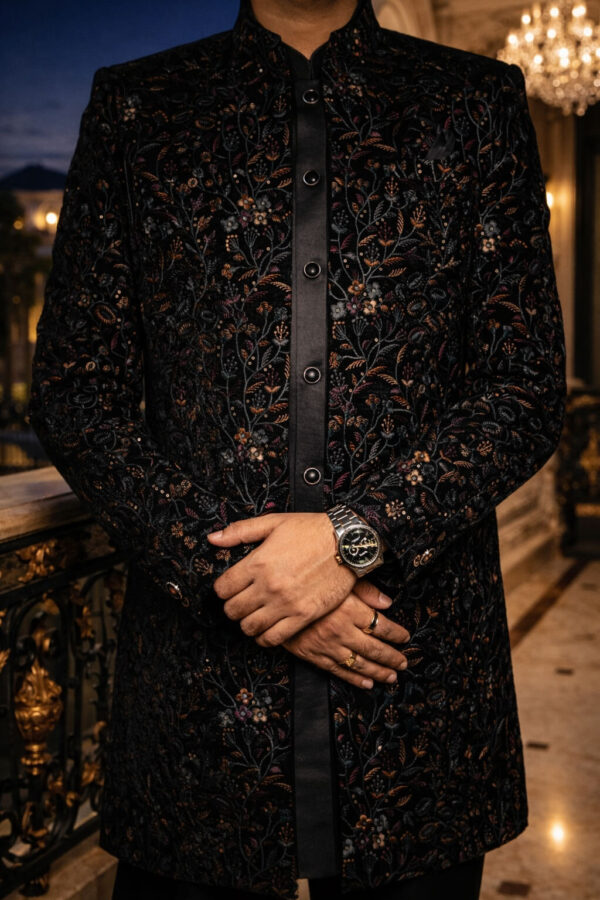 Black Floral Embroidered Designer Sherwani