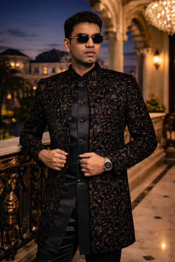 Black Floral Embroidered Designer Sherwani