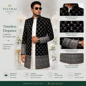 Midnight Noir Embroidered Velvet Sherwani Set – Black & Silver | Premium Wedding Collection