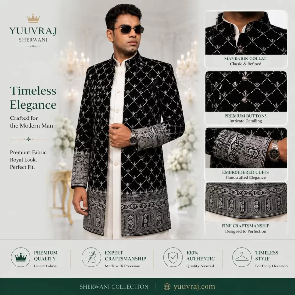 Midnight Noir Embroidered Velvet Sherwani Set – Black & Silver | Premium Wedding Collection